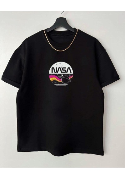 Flood Of Style Erkek Siyah Nasa Oversize Bisiklet Yaka Tshirt