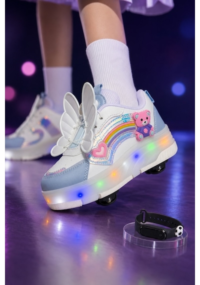 Muggo Colourful Çocuk Işıklı Patenli Tekerlekli Sneaker Spor Ayakkabı Bebe Mavi