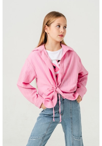 Giyicem Kız Çocuk Önden Bağcıklı Gömlek T-shirt İkili Takım 1801 Pembe