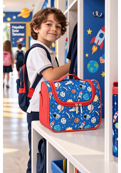 Uzay Roket Astronot Gezegen Termal Beslenme Çantası Isı Yalıtımlı Çocuk Okul 24x22x14 Cm Çok Renkli