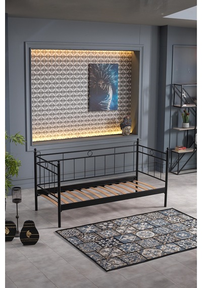 Alpas Metal Sofa Sedir 90x200 Siyah Ahşap Latalı