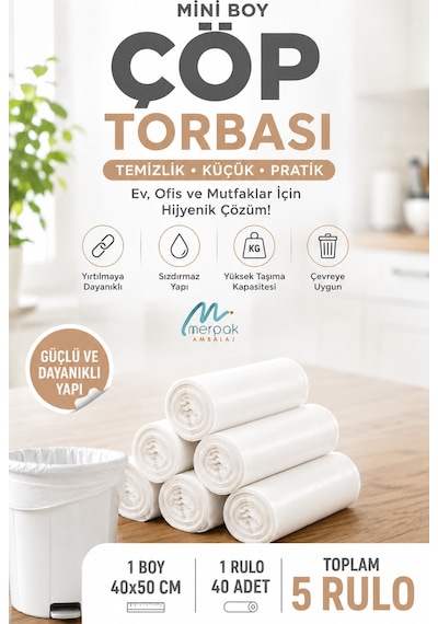 Çöp Torbası Mini Boy 40'lı X 5 Rulo Beyaz Çöp Poşeti 40x50 Cm Çöp Torbası Mini Boy 40'lı X 5 Rulo Beyaz Çöp Poşeti 40x50 Cm