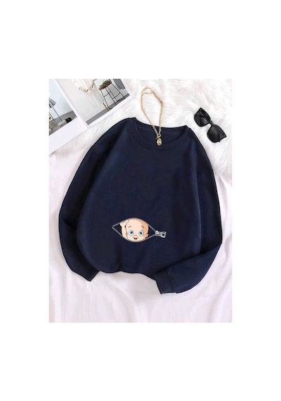 Caxis Kadın Fermuar Bebek Baskılı Hamile Oversize Bisiklet Yaka Sweatshirt Lacivert