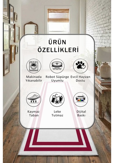 Çerçeve Beyaz Mürdüm Dijital Baskılı Kaymaz Yıkanabilir Yolluk