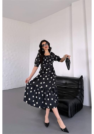 Neşeli Butik Kadın Kemerli Kare Yaka Çiçekli Midi Boy Elbise Nbks4104 Siyah