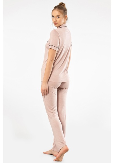 Türen 3368 Kadın Kısa Kollu Gömlek Yaka Pijama Takım-pudra Pudra