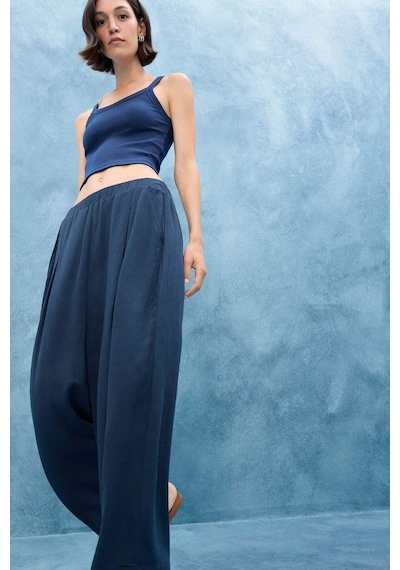 Defacto Balloon Fit Çift Cepli Normal Bel Crop Keten Karışımlı Pantolon F9960ax25aunv207 Lacivert