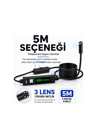 Uninet iPhone Uyumlu Için 5 Metre Wifi Özellikli 3 Kameralı Endoskop Yılan Kamera 1080p Hd