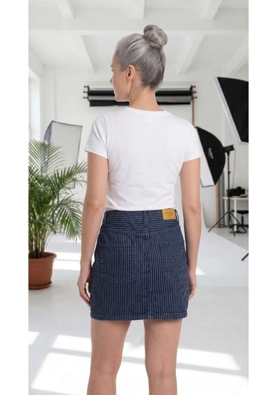 Byemelika Rahat Kalıp Çizgili Denim Mini Etek Çizgili Lacivert