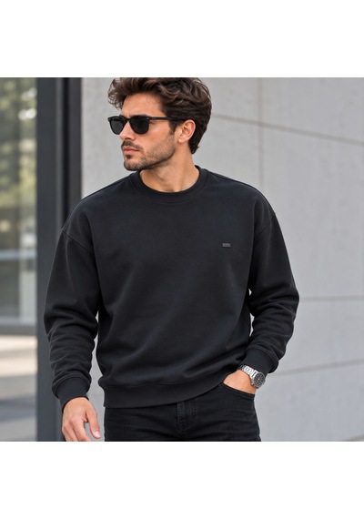 Erkek Modal Kumaş Bisiklet Yaka Sweatshirt Şık Tasarım, Tam Kalıp Siyah