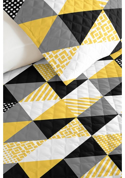 Sarı Geometrik Genç Odası Tek Kişilik Pike Takımı - Antrasit Gri 160x220 Cm Kapitone Yatak Örtüsü Dokulu İz Dinginliği