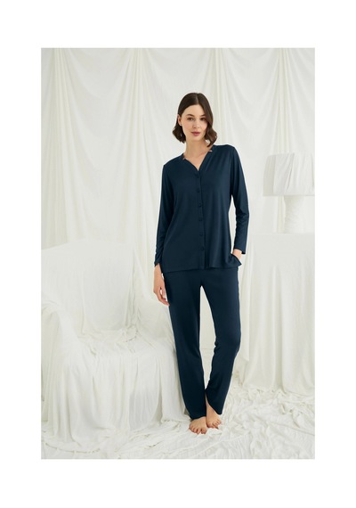 Hrşytrend Herşeytrend Uzun Kollu Boydan Düğmeli V Yaka Pijama Takımı Gece Mavisi