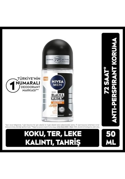 Men Erkek Roll On Deodorant & Invisible Güçlü Etki 50 Ml,72 Saat Anti-perspirant Koruma