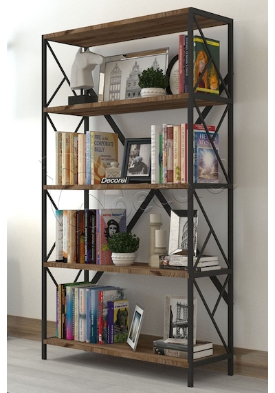 Morpanya Aural Dekoratif 5 Raf Kitaplık Metal Kitaplık Dosya Kitap Raf Ofis Salon Raf 90x180cm Ceviz