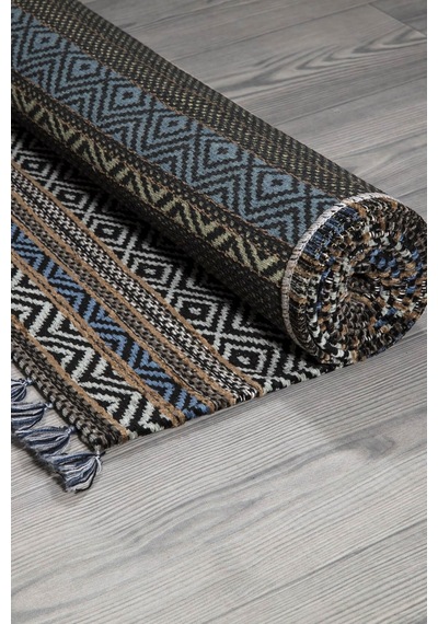 Mavi Renkli Kaymaz Tabanlı Yıkanabilir Makine Dokuma Kilim-324