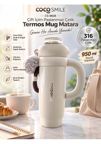 Cocosmile Cs-8826 Krem 950 Ml Çift İçim Paslanmaz Çelik Termos Mug