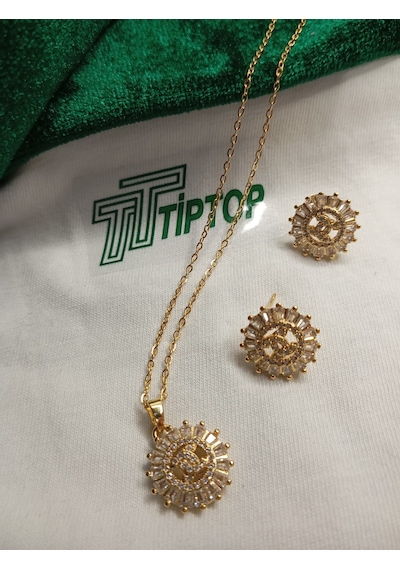 Tiptop/ Gold Renk Zirkon Taşlı Güneş Model Kolye Ve Küpe Set Gold