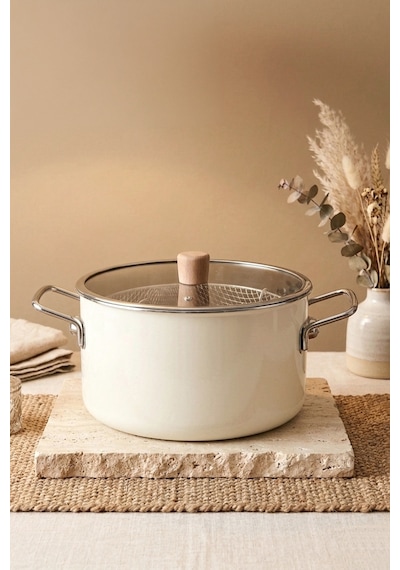 Titan Cook Ahşap Kulplu,paslanmaz Saplı Krem Süzgeçli Emaye Kızartma Tenceresi 22 Cm Krem