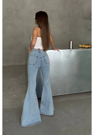 Extra Geniş Paça Yüksek Bel Likralı İspanyol Jeans Buz Mavi