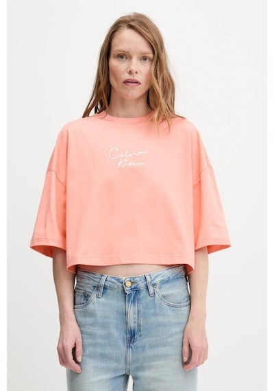Cropped Boxy Chain Stitch Logo Turuncu Kadın T-shirt-8680 Turuncu