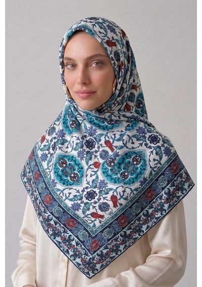İpekçe Eşarp İp Rayon 100 100 Desenli - Mavi Mavi - Çok Renkli