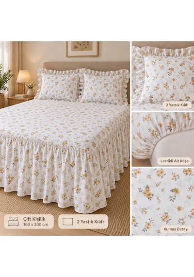 Kır Çiçekleri Bej Vintage Pastel Çiçek Desenli %100 Pamuk Fırfırlı Etekli Lastikli Çarşaf Takımı Çok Renkli