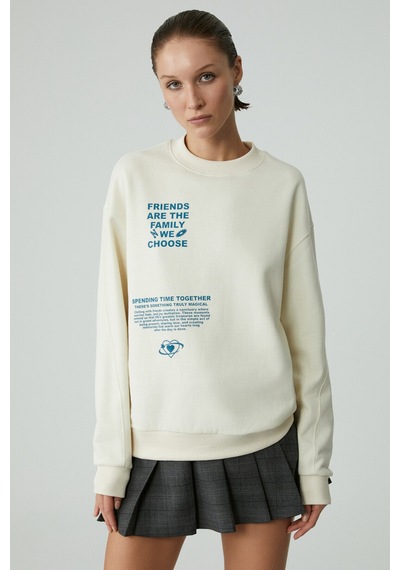 Ethıquet Modelıta Kadın Regular Baskılı Yuvarlak Yaka Ekru Sweatshirt