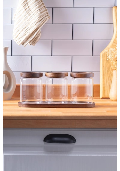 Finehome Pienza Akasya Kapaklı Cam Saklama Kabı Seti 3'Lü 550 ML Şeffaf