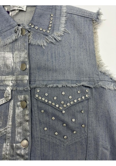 Büyük Beden Denim Yakalı Düğmeli Parlak Taşlı Kolsuz Eskitme Detaylı Kadın Yelek Mavi