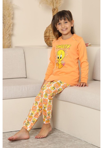 Miniğimin Cicileri Sevimli Civciv Baskılı Kız Çocuk Pijama Ta... Turuncu