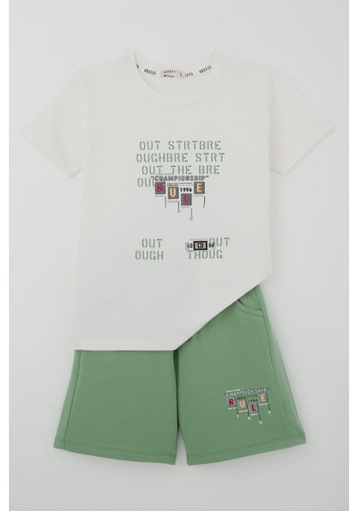 Breeze Erkek Çocuk Şortlu Takım Grafiti Yazı Baskılı 8-14 Yaş , Ekru