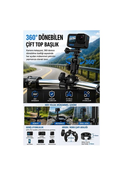 Motosiklet Bisiklet Gidon Kamera Montaj Metal Si 360 Döner Metal Tutucu Evimdeyokyok