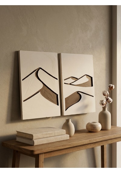 Abstract Dunes 2'li Duvar Sanatı Seti - Modern Soyut Kum Tepesi Motifli Kazıma Tablo, Organik Minimalist Tablo