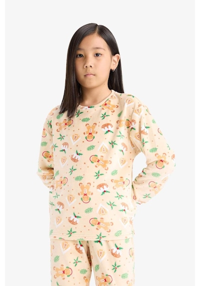 Defacto Kız Çocuk Yılbaşı Temalı Pijama Takımı Kadife Uzun Kollu Üst Uzun Alt F1210a825aubg358 Bej-bg358