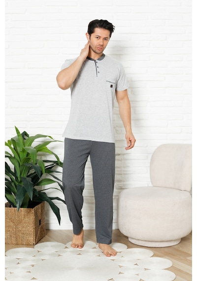 Enisena Erkek %100 Pamuklu Pijama Takımı-3 Düğmeli-yaka Cepli 12384 Gri