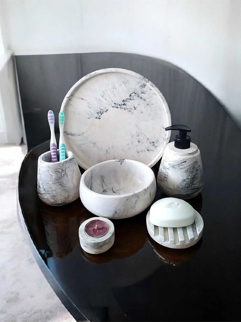 6'lı Mermer Desen Beton Banyo Seti, Sıvı Sabunluk Diş Fırçalığı Aksesuar Takımı Gri