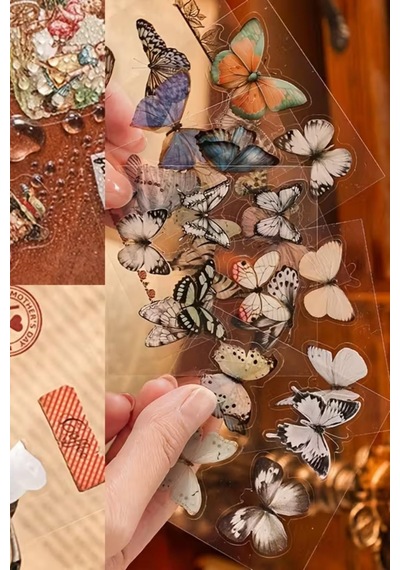 Kolbi Craft 5 Sayfa 25 Adet Şeffaf Vintage Kelebek Sticker Seti Scrapbook Bullet Journal Ajanda Planlayıcı Abanoz