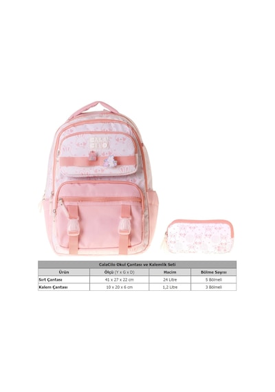 Calacilo Pleasant Kız Çocuk Kedi Baskılı Okul Sırt Çantası Ve Kalemlik Seti - Setcc-c4050c Pembe