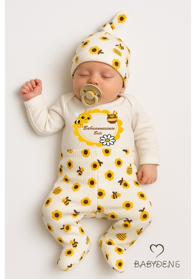 Babyden's Babaannesinin Balı Yazılı 3lü Bebek Takımı Arı Desenli Şapkalı Patikli Bebek Takımı Uzun Kol Unisex Ekru
