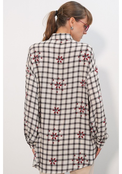 Hiccup Bdart Oversize Ekose Krep Gömlek Tozlu Beyaz