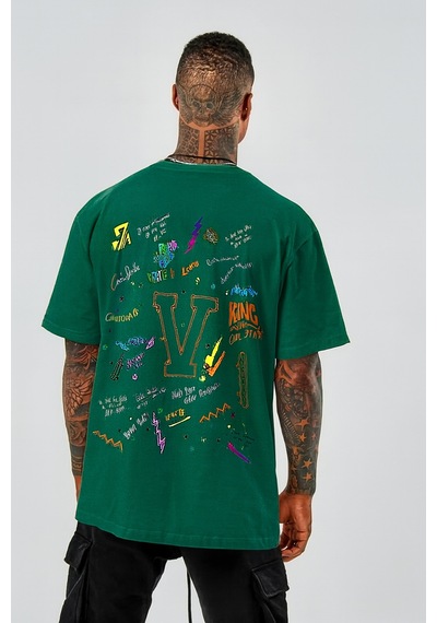 V Baskılı Oversize Beyaz T-shirt Yeşil