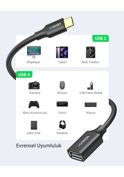Ugreen Usb-c To Usb-a 3.0 Otg Dönüştürücü Adaptör, Siyah, 30701