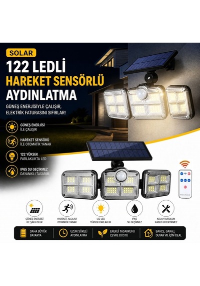 Buffer 3'lü 122 Ledli Güneş Enerjili Hareket Sensörlü Aydınlatma, Dış Mekan Duvar Ve Bahçe Lambası Solar Le 11