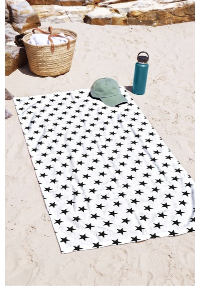 Yıldız Desenli Siyah Beyaz Plaj Havlusu - Minimalist Modern Mono Hızlı Kuruyan Mikrofiber Havlu Kumlu Defne