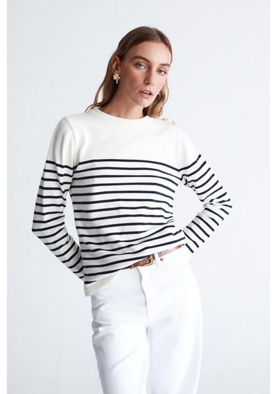 Styleboom X Peraluna Audrey Pullover Omzu Düğmeli Çizgili Organik Pamuk Mevsimlik Kadın Triko Kazak Ekru/lacivert-ekru Ekru
