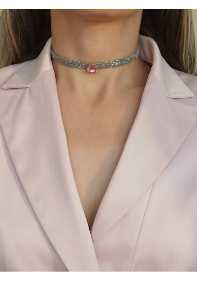 Kordon Zincir Örme Kristal Taşlı El Yapımı Choker Tasma Pembe Silver Renk Kolye