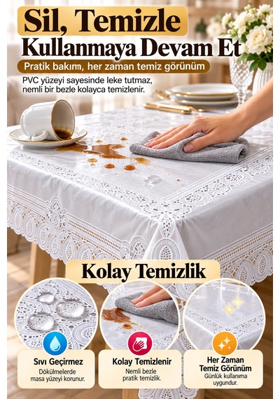 Beyaz 120x152 Cm Dantel Görünümlü Pvc Masa Örtüsü Sıvı Geçirmez Silinebilir Mutfak Masa Örtüsü Lüks