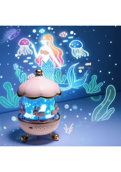 Bunny S Carousel Gece Lambası Projeksiyonlu Müzikli Atlıkarınca Tasarım Kablolu 5v Usb Çalışm Diğer