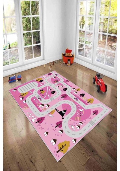 Pembe Kaymaz Tabanlı Otoyollu Oyun Halısı Çocuk Halısı Ar244n11