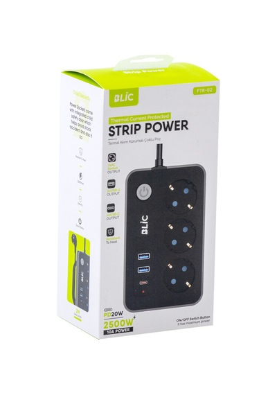 Termal Akım Korumalı 3'lü Priz 2 Metre - 2 Usb + 1 Type-c Hızlı Şarjlı Çoklu Priz 2500w Ftr-02 Blic 2 m